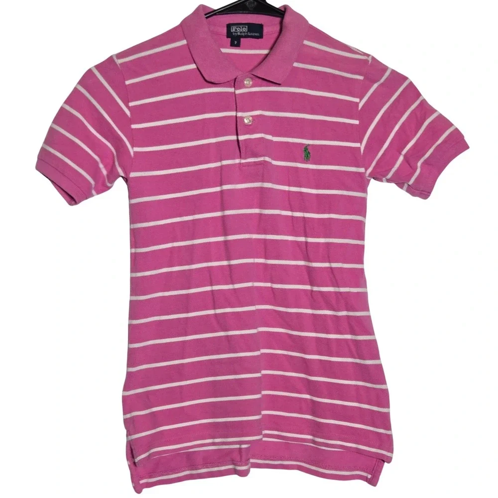 Polo Ralph Lauren Boys Pink Striped Short Sleeve Polo Shirt 7 Preppy Classic